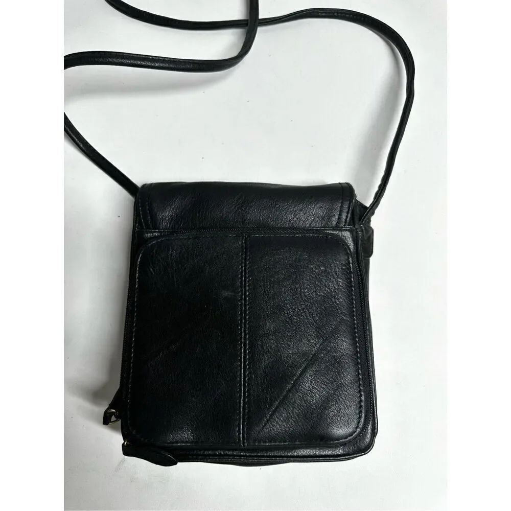 Unisex Faux Leather Black Crossbody Bag with Card Slots Plaid Lined - Picture 10 of 14